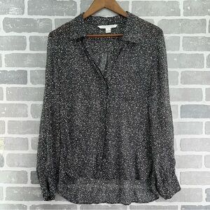 Diana Von Furstenberg Black and White Sheer Button Front Long Sleeve Top Size 8